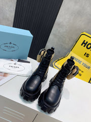 PRADA 25S MONOLITH BRUSHED AND RE NYLON BOOTS WITH POUCH BLACK AND MUTED OLIVE