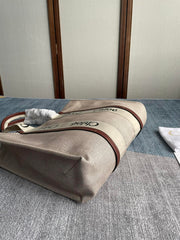 LAGRE STRAP WOODY TOTE BAG 45 IN BEIGE LINEN CANVAS BLACK WEBBING LOGO EMBROIDER BROWN CALFSKIN