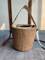 SMALL WOODY BASKET 17 IN NATURAL FIBERS BEIGE WEBBING DARK BROWN CALFSKIN