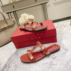ROMAN STUD CHERRY RED CALFSKIN FLAT SLIDE SANDAL 25 MM