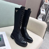 LACE-UP KNEE BOOTS IN BLACK DENIM AND SHEEPSKIN LINING