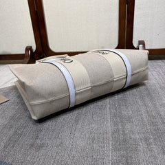 LAGRE WOODY TOTE BAG 45 IN BEIGE LINEN CANVAS BLACK WEBBING LOGO EMBROIDER WHITE CALFSKIN