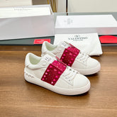 VALENTINO 25S GARAVANI ROCKSTUD UNTITLED STUDDED SNEAKERS IN WHITE LAMBSKIN AND RED STONE-EMBELLISHED