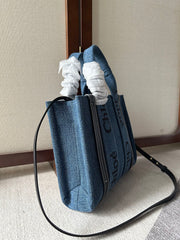 SMALL WOODY TOTE BAG 26.5 IN BLUE DENIM BLACK CALFSKIN
