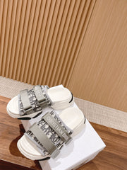 DIOR PLATFORM SLIDES 25S 30 MM IN WHITE MIX GREY FABRIC AND CALFSKIN