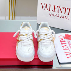 VALENTINO 25S GARAVANI ONE STUD XL PLATFORM SNEAKERS IN GOLD MIX WHITE LAMBSKIN