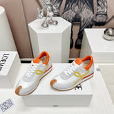 FLOW RUNNER SNEAKER IN PALE GRAY MIX VIVID ORANGE SUEDE AND SHEEPSKIN