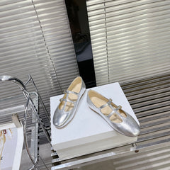 FLAT SANDALS WITH DOUBLE STRAP-DESIGN LEATHER SILVER