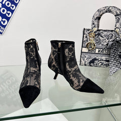 DIOR 25S POINTED-TOE ANKLE BOOTS 50 MM IN BLACK MESH TULLE AND SUEDE