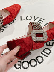 MARY JANES IN RED VELVET WITH CRYSTAL EMBELLISHED STRAP