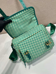 MESSENGER BAG 25 IN FOREST GREEN MIX CREAM TRIANGLE PATTERN EMBROIDERED FABRIC