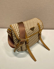 MESSENGER BAG 25 IN BROWN MIX CREAM TRIANGLE PATTERN EMBROIDERED FABRIC