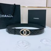 DOUBLE C BELT 38MM IN BLACK QUILTED LAMBSKIN WITH GOLD OVAL BUCKLE CENTERED LOGO