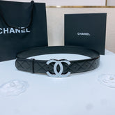 DOUBLE C 38MM IN BLACK QUILTED LAMBSKIN SILVER BUCKLE