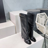 CHANEL HEELED KNEE-HIGH BOOTS 25S 85 MM IN BLACK LAMBSKIN WITH GOLD HARDWARE