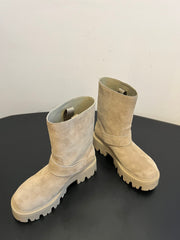 PRADA 25S PLATFORM ANKLE BOOTS IN BEIGE SUEDE WITH GOLD HARDWARE