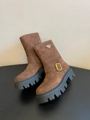 PRADA 25S PLATFORM ANKLE BOOTS IN BROWN SUEDE WITH GOLD HARDWARE