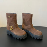 PRADA 25S PLATFORM ANKLE BOOTS IN BROWN SUEDE WITH GOLD HARDWARE