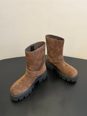 PRADA 25S PLATFORM ANKLE BOOTS IN BROWN SUEDE WITH GOLD HARDWARE