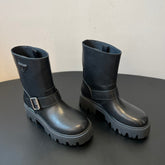 PRADA 25S PLATFORM ANKLE BOOTS IN BLACK CALFSKIN WITH SILVER HARDWARE