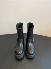 PRADA 25S PLATFORM ANKLE BOOTS IN BLACK CALFSKIN WITH SILVER HARDWARE