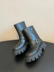 PRADA 25S PLATFORM ANKLE BOOTS IN BLACK CALFSKIN WITH SILVER HARDWARE