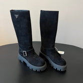 PRADA 25S HIGH-CUT PLATFORM BOOTS IN BLACK SUEDE WITH SILVER HARDWARE