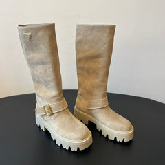 PRADA 25S HIGH-CUT PLATFORM BOOTS IN DARK BEIGE SUEDE WITH GOLD HARDWARE