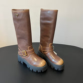 PRADA 25S HIGH-CUT PLATFORM BOOTS IN BROWN CALFSKIN WITH GOLD HARDWARE