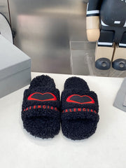 BALENCIAGA 25S FLAT SLIPPERS IN BLACK MIX RED WOOL