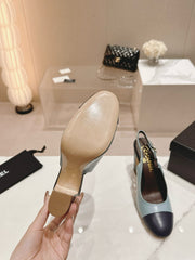 CC SLINGBACK PUMPS IN BLUE AND BLACK CALFSKIN