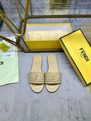 FF SLIDE SANDALS IN BEIGE WOVEN RAFFIA