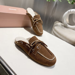 MIU FADED MULE IN BROWN ECRU SUEDE