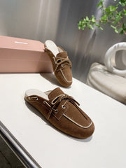 MIU FADED MULE IN BROWN ECRU SUEDE