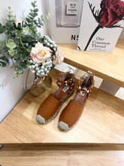 BRONZE BROWN LEATHER ROCKSTUD ESPADRILLES ANKLE STRAP FLATS