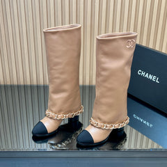 CHANEL 25S KNEE-HIGH HEELED BOOTS 65MM IN BEIGE CALFSKIN GOLD HARDWRE
