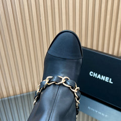 CHANEL 25S KNEE-HIGH HEELED BOOTS 65MM IN BLACK CALFSKIN GOLD HARDWRE