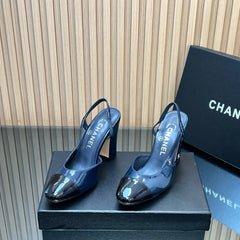 CHANEL 25S SLINGBACK SHOES IN BLUE AND BLACK GLOSSY CALFSKIN