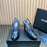 CHANEL 25S SLINGBACK SHOES IN BLUE AND BLACK GLOSSY CALFSKIN