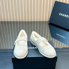 CHANEL 25S FURRY MARY JANE SHOES IN IVORY SUEDE