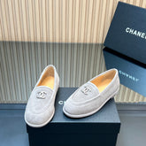 CHANEL 25S TEDDY LOAFER 15MM IN LIGHT GRAY SUEDE SILVER HARDWRE