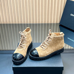 CHANEL 25S MARTIN LACE-UP BOOTS WITH CHAIN DETAIL IN LIGHT BROWN SUEDE
