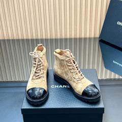 CHANEL 25S MARTIN LACE-UP BOOTS WITH CHAIN DETAIL IN LIGHT BROWN SUEDE
