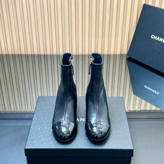 CHANEL 25S BOOTS WITH PATENT TOE CAP 50MM IN BLACK CALFSKIN