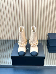 CHANEL 25S LOW BOOTS 65MM IN BEIGE CALFSKIN GOLD HARDWRE