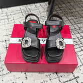 ROGER VIVIER 25S SLIDY VIV' WEDGE SANDALS 70 MM IN BLACK CALFSKIN EMBELLISHED CRYSTALS