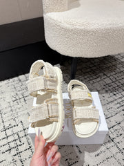 DIOR BACK-STRAP SANDALS 25S IN CREAM WHITE TWEED AND CALFSKIN WITH GOLD HARDWARE