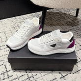 PRADA 25S MEN SNEAKERS LOGO IN WHITE AND MULBERRY NUBUCK AND CANVAS