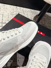 PRADA 25S MEN SNEAKERS LOGO IN WHITE AND MULBERRY NUBUCK AND CANVAS