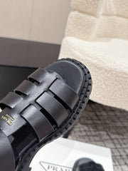 PRADA 25S HIGH TOP OPEN TOE FISHERMAN SANDALS IN BLACK CALFSKIN